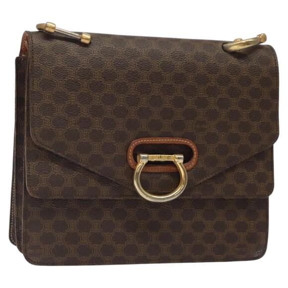 CELINE Macadam Canvas Hand Bag Pvc Leather Brown Gold - Picture 1 of 12